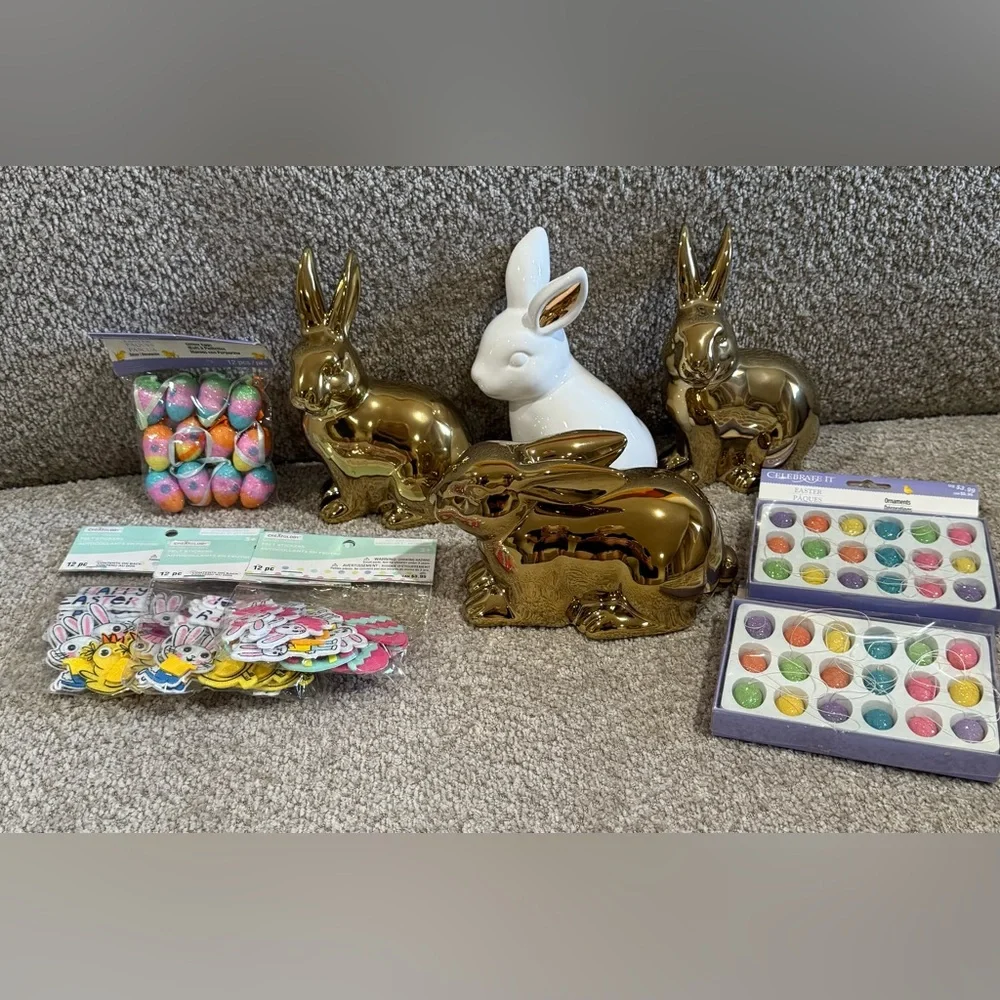 Easter Bunny Figurines Gold and White and Decorations Set
